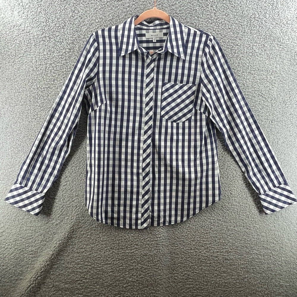 Milly Navy and White Gingham Button-Down Shirt